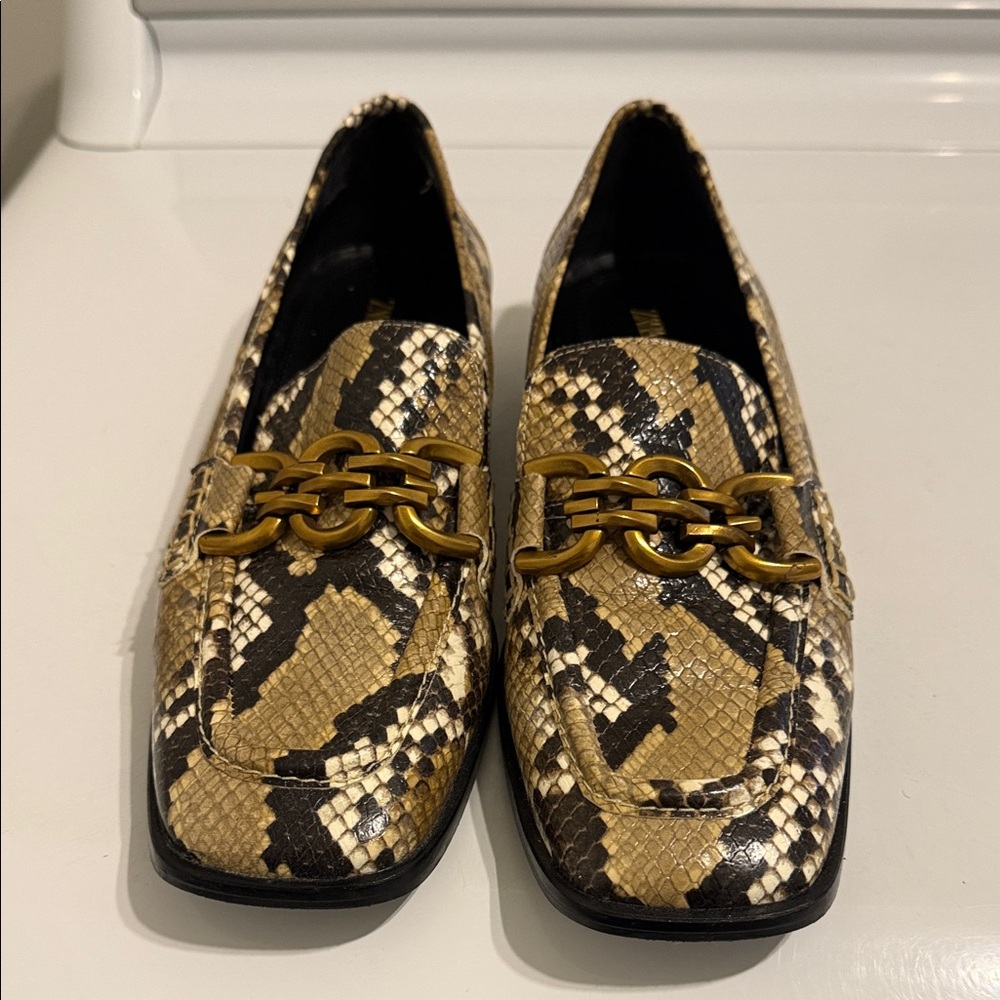 Zara Brown Snake Pattern Loafers with Gold Accent